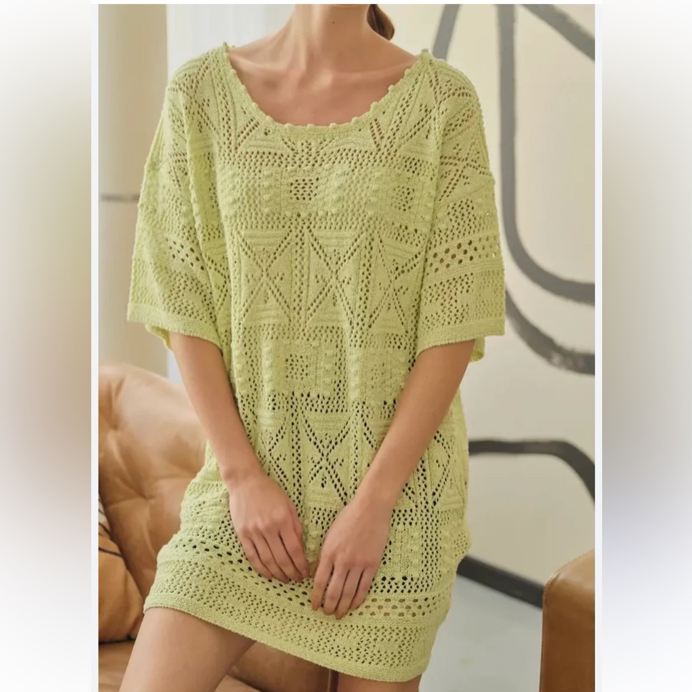 Aaron & Amber Light Lime Green Crochet Knit Oversized Cover Up Dress S
